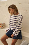 The Beau Tie Slouchy Tee in White with Polo Chocolate Stripe