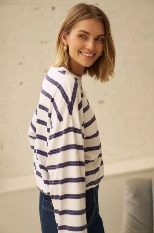 The Beau Tie Slouchy Tee in White with Polo Chocolate Stripe