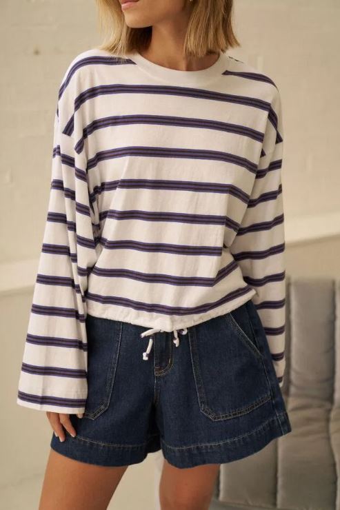 The Beau Tie Slouchy Tee in White with Polo Chocolate Stripe