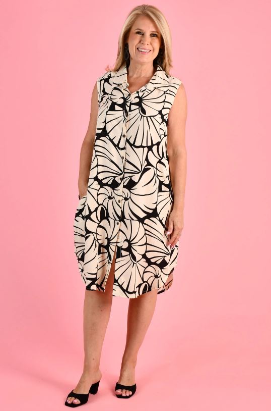 Ladies Sunday Button Dress in Seashell Black