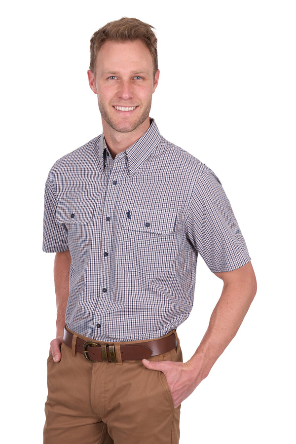 Men’s Check Short Sleeve Will Shirt with 2 Pockets in Navy Tan