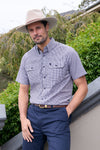 Men’s Check Short Sleeve Will Shirt with 2 Pockets in Navy Tan