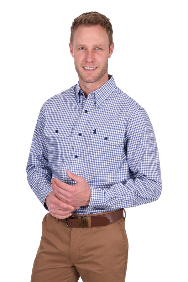 Men’s Richard Check Long Sleeve Shirt with 2 Pockets in Navy