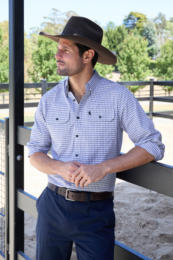 Men’s Richard Check Long Sleeve Shirt with 2 Pockets in Navy