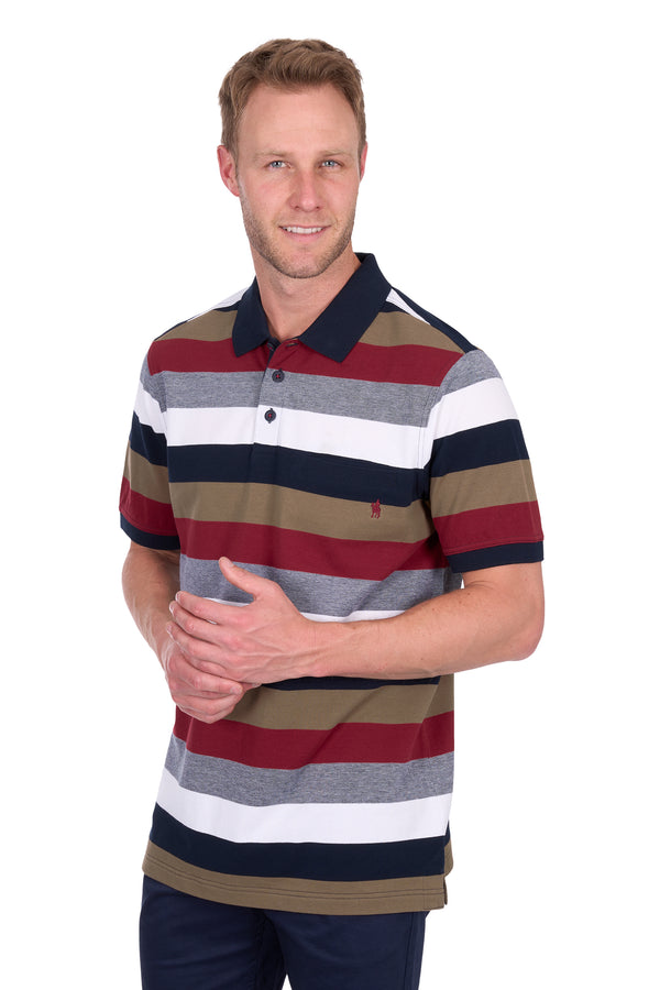 Men’s Short Sleeve Sean Stripe Polo with 1 Pocket in Navy Red