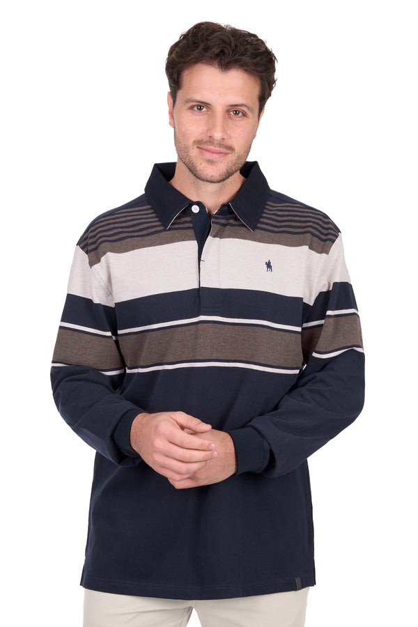 Thomas Cook Men's Bryan Stripe Rugby in Navy / Dark Tan