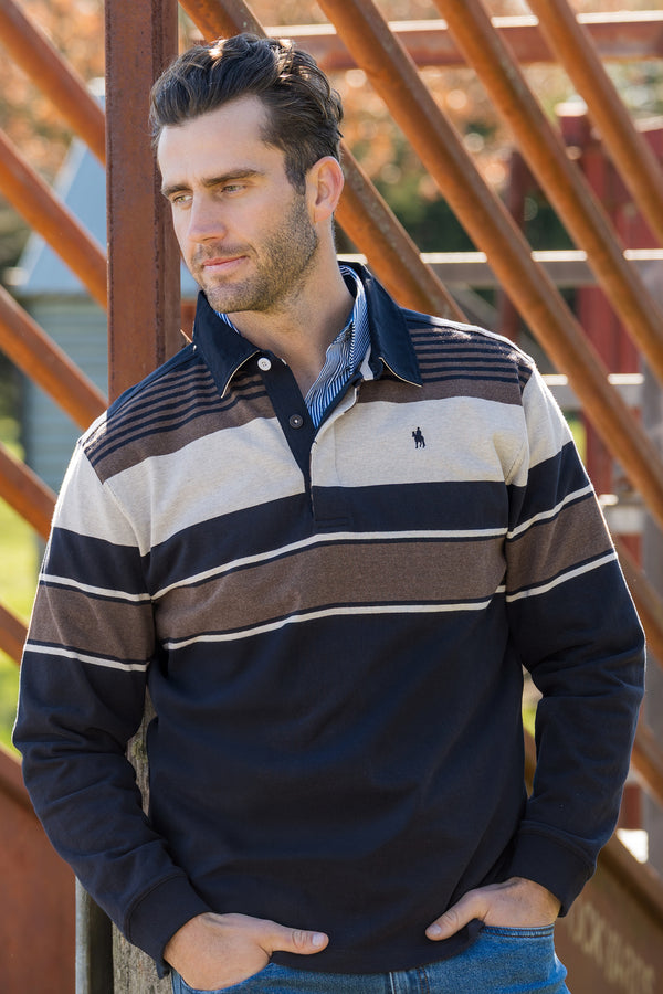 Thomas Cook Men's Bryan Stripe Rugby in Navy / Dark Tan