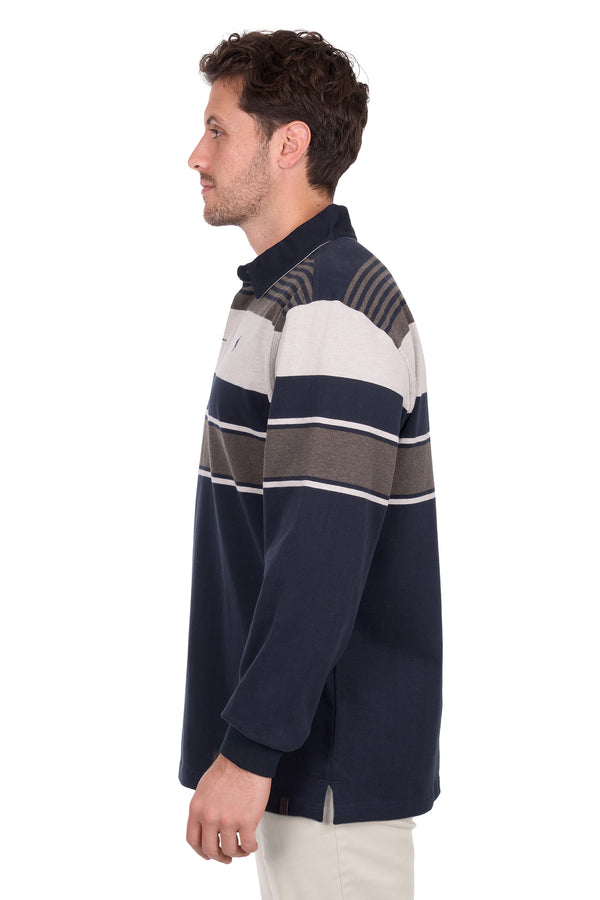 Thomas Cook Men's Bryan Stripe Rugby in Navy / Dark Tan