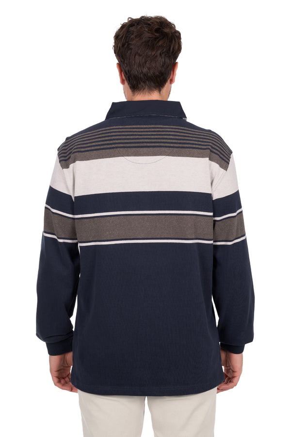 Thomas Cook Men's Bryan Stripe Rugby in Navy / Dark Tan