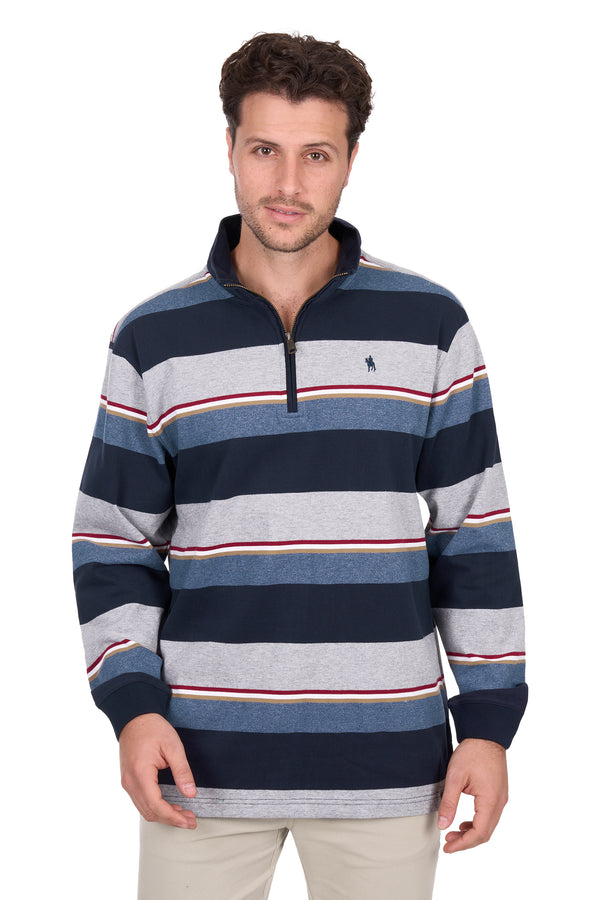 Men's Thomas Cook Nathan 1/4 Zip Stripe Rugby in Navy / Grey Marle
