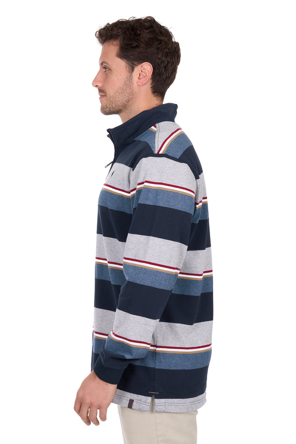Men's Thomas Cook Nathan 1/4 Zip Stripe Rugby in Navy / Grey Marle