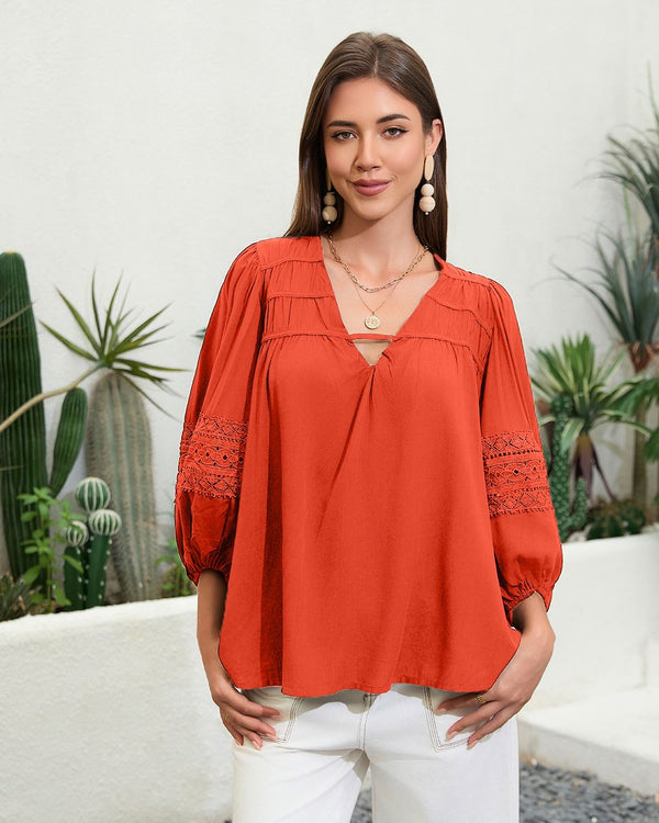 Serenity Lace-Detail Balloon Sleeve Top in Rust