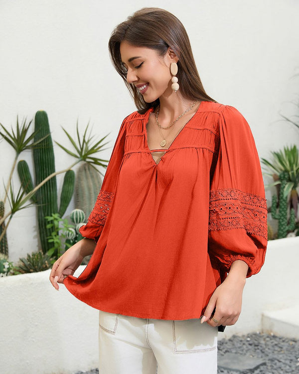 Serenity Lace-Detail Balloon Sleeve Top in Rust