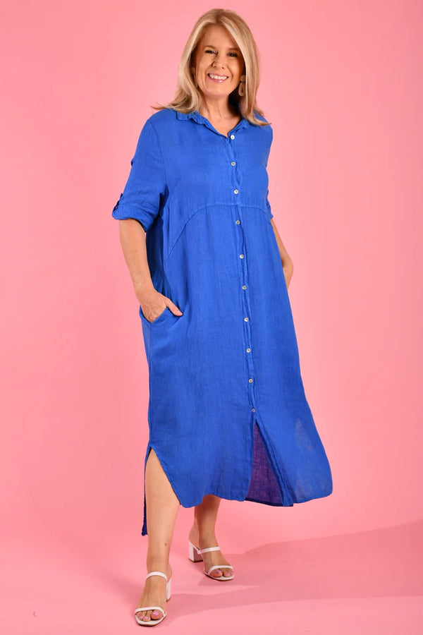 Positano Linen Button Dress - Cobalt Blue Positano Linen Button Dress - Cobalt Blue