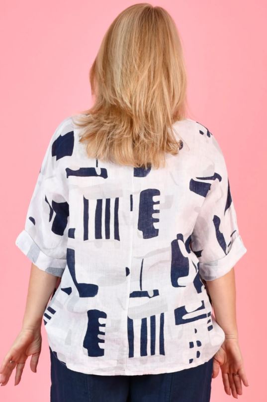 Ladies Vino Linen Top in Geometric White