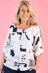 Ladies Vino Linen Top in Geometric White