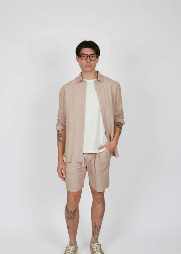 Men's Long Sleeve Linen Blend Shirt in Wheat