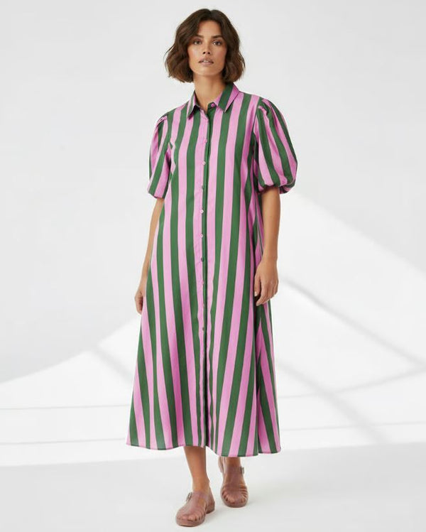 Ladies Maxi Cotton Shirt Dress in Pink