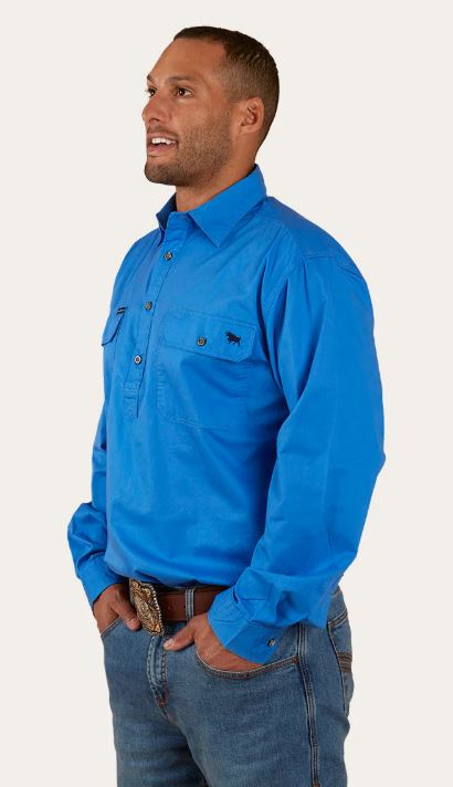 King River Men's Half Button Work Shirt in Blue