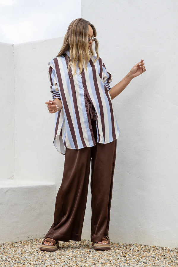 Ladies Portofino Stripe Blouse in Blue / Choc Stripe