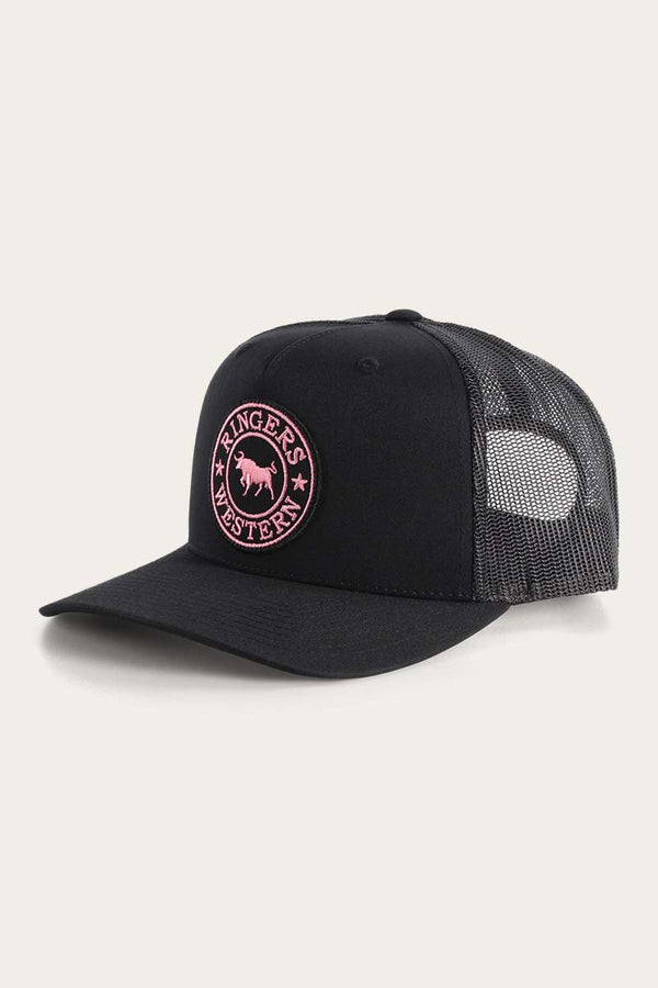 Ringers Western Signature Bull Trucker Cap in Black with Black and Pink Patch