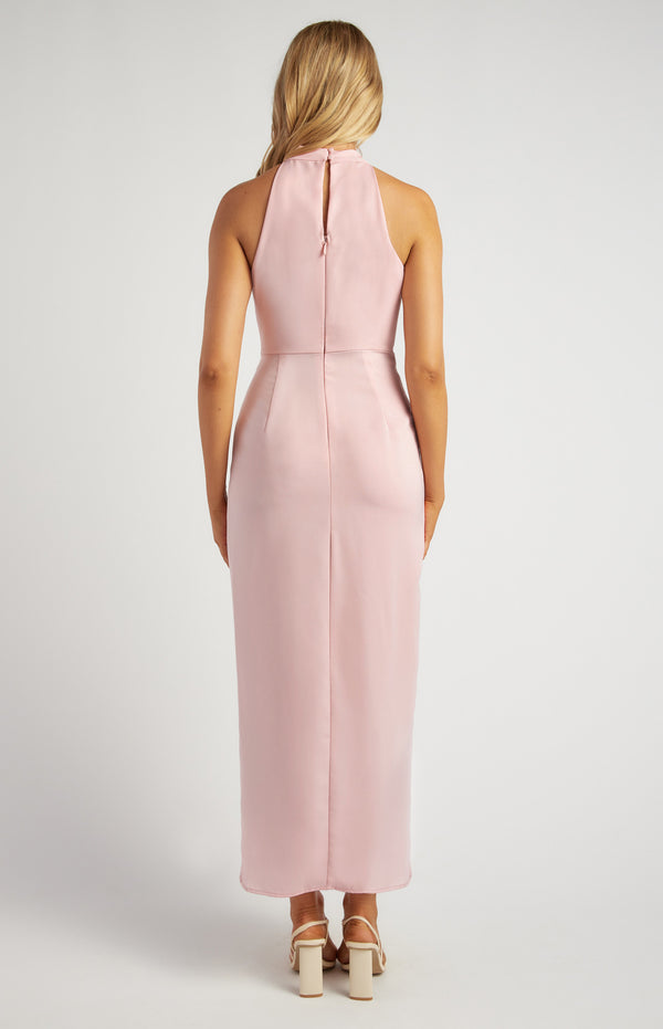 Halter Neckline Satin Midi Dress with Tulip Hem Detail in Pale Pink