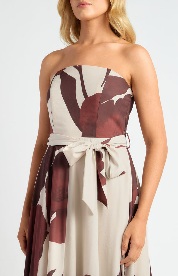 Floral Strapless Maxi Dress with Waist Tie in Chocolate