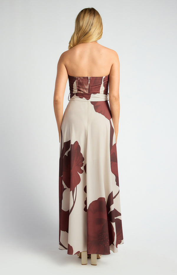 Floral Strapless Maxi Dress with Waist Tie in Chocolate