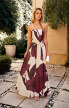 Floral Strapless Maxi Dress with Waist Tie in Chocolate