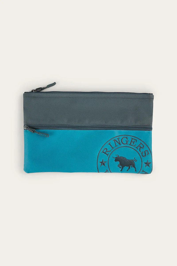 Spencer Grey/Blue Pencil Case features 2x Zip pockets with Ringers Western Signature Logo match with the Holtze Backpack $14.95