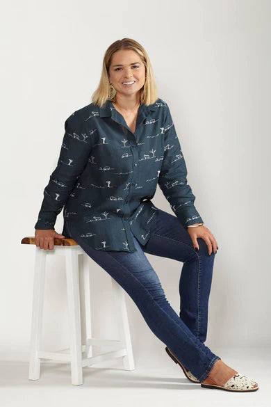 Midnight Embroidered Long Sleeve Linen Shirt
