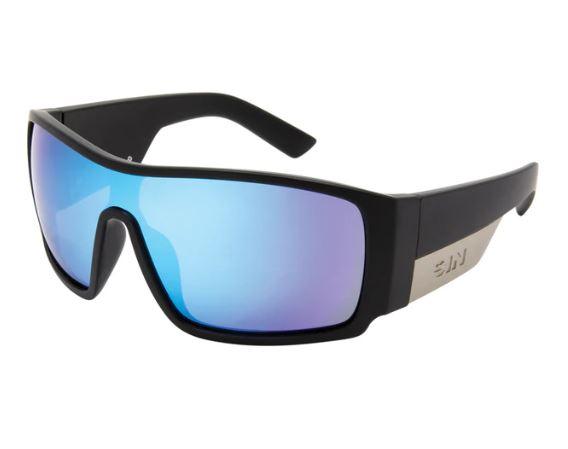 Sin Eyewear - Blaze Colour: Black Blue  Features: Unisex, Polarised lenses to protect your stare from glare Recycled plastic so you can see good & do good with a donation to the Great Barrier Reef Legacy. Large Wrap with iconic metal temples