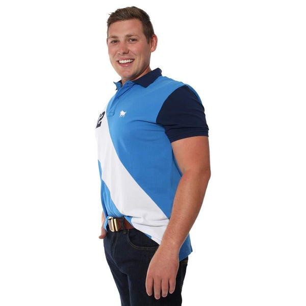 The Flemington Men's Fashion Polo in blue is an adaption of our current Windsor and Portsea Fashion Polos. With a bold diagonal white stripe and numerical appliques, it is a nod to the foundation year of Ringers Western. Available at My Harley and Rose