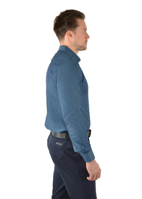 Features: Tailored fit style with dobby texture, stretch for comfort and movement, contrast chambray facing on inside collar stand, internal neck stripe taping, concealed collar peak buttons, removable collar stays, horseman embroidery on chest.