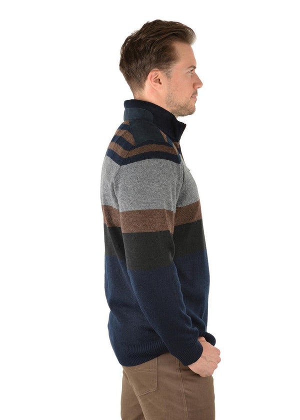 Features: Midweight merino wool blend rugby knit with collar stand, engineered stripe, mock suede detail on back collar stand, front opening and shoulder panels, 1/4 placket with premium quality metal zip closure, horseman embroidery on chest