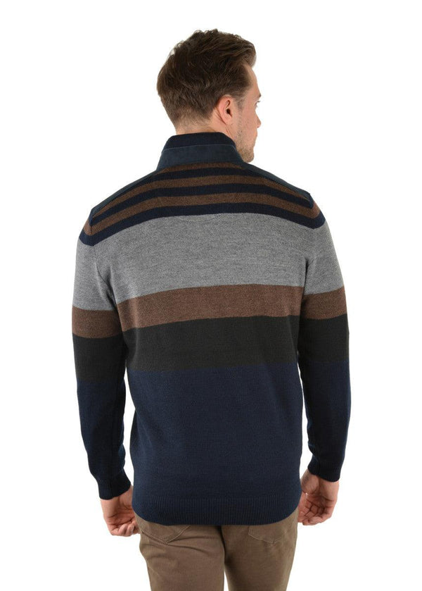 Features: Midweight merino wool blend rugby knit with collar stand, engineered stripe, mock suede detail on back collar stand, front opening and shoulder panels, 1/4 placket with premium quality metal zip closure, horseman embroidery on chest