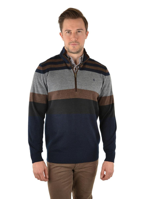 Features: Midweight merino wool blend rugby knit with collar stand, engineered stripe, mock suede detail on back collar stand, front opening and shoulder panels, 1/4 placket with premium quality metal zip closure, horseman embroidery on chest