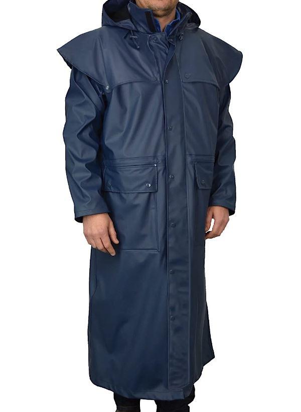 Pioneer Long Raincoat: Waterproof, 4-way stretch, air vent, reinforced rivets, double storm flap, zip & snap closure.