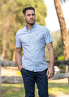 Features: Tailored fit style, added stretch for comfort and movement, contrast chambray facing on inside collar, internal neck stripe taping, concealed collar peak buttons, removable collar stays.