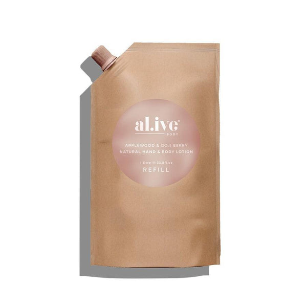 Al.ive Body Applewood & Goji Berry 1 Ltr Refill contains a luxurious blend of naturally derived ingredients, fortified with essential oils and native botanical extracts. Available at Harley and Rose