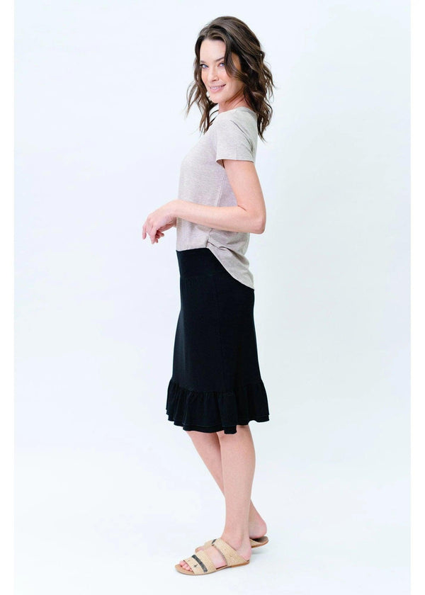 The Katy Frill Skirt Midi is a luxe style made with our silky smooth and ultra soft Bamboo fabric! The fully lined style features our signature wide, stretch, ultra comfortable waist band with a double tiered frill at the hem for some extra glam! Available at Harley and Rose