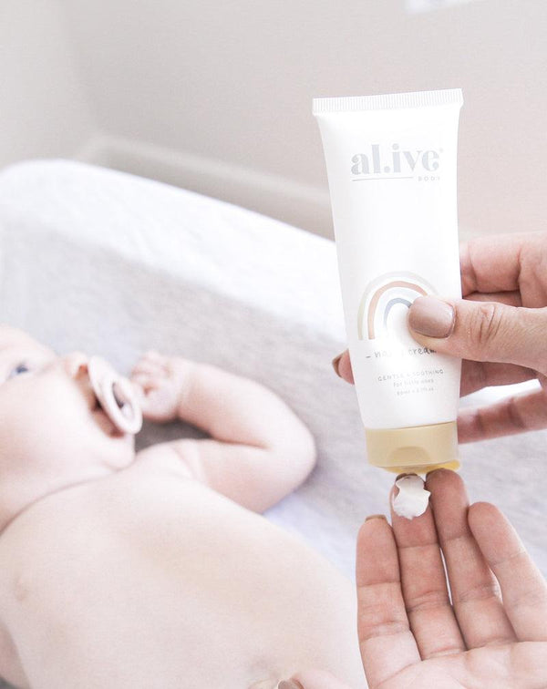 The al.ive body baby Nappy Cream will help you protect and care for your baby’s bottom. Our Nappy Cream is formulated with carefully selected ingredients that will help protect and soothe the discomfort of nappy rash. Available at Harley and Rose