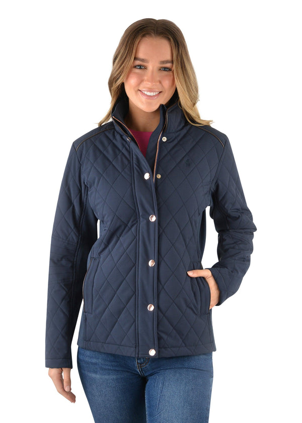 Features: Water resistant fabric, diamond quilted, mock leather piped trim, rib inner collar and side panels for stretch and comfort, jersey lining, TC internal trims and pockets, premium zipper opening, welt pockets, horseman embroidery on chest.