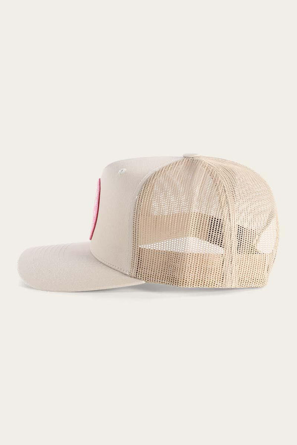 The Signature Bull Trucker in Bone with Bone trucker mesh and snapback. Peak and Front Crown are made from cotton twill with a Pink & White woven patch. Available at My Harley and Rose