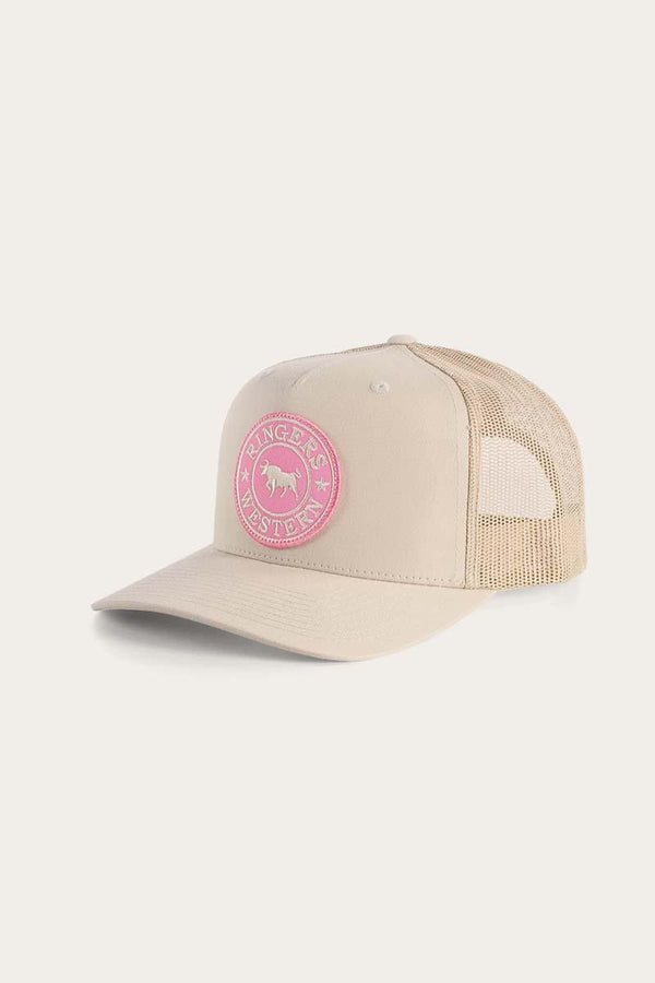 The Signature Bull Trucker in Bone with Bone trucker mesh and snapback. Peak and Front Crown are made from cotton twill with a Pink & White woven patch. Available at My Harley and Rose