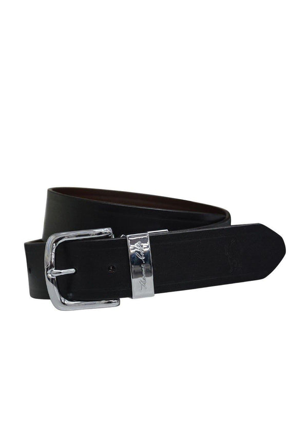 SIGNATURE REVERSIBLE BELT TCP1904BEL Features: Sizes: S(32"), M(35"), L(38"), XL(41"), XXL(44"),3XL(47")Fabric: Genuine leather, shiny silver metal reversible buckle 38mm strap width. Available at My Harley and Rose 