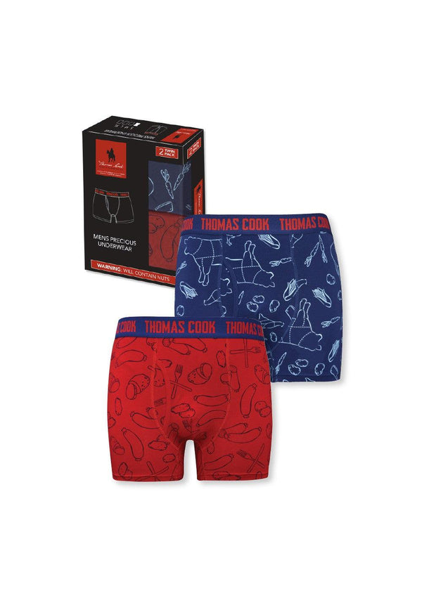 &nbsp; Precious Underwear Twin Pack TCP1924100 Colour:&nbsp;MULTIFeatures:&nbsp;TC jacquard elastic waistband, fly front, side seam free, classic trunk style, 1x Bangers & Mash print (Red), 1 x Meat & Three Veg print (Navy), twin packed in a boxFabric:&nbsp;95% Cotton, 5% Elastane Jersey, Available at My Harley and Rose 