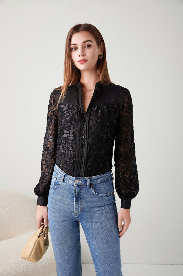 This G.D.S Verena Blouse is accented with all-over intricate tonal lace embellishments. Available at Harley and Rose