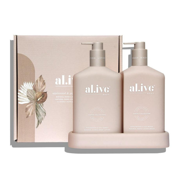 Al.ive Body. The Duo includes a 500ml hand & body wash, 500ml hand & body lotion and a matching tray. Available at Harley and Rose